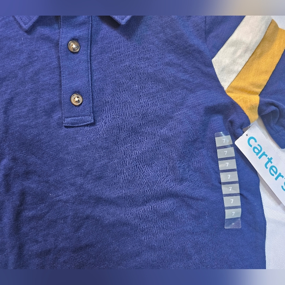 Carter's Navy Polo with Yellow and White Stripes- Size 7 - Picture 3 of 6